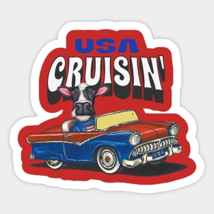 Humor and Funny cute Cow driving a classic car through the USA Sticker